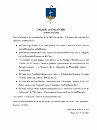 CAMBIOS DE CURAS PARROCOS EN LA DIOCESIS DE CRUZ DEL EJE