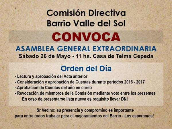 SE CONVOCA A VECINOS DEL BARRIO VALLE DEL SOL A ASAMBLEA